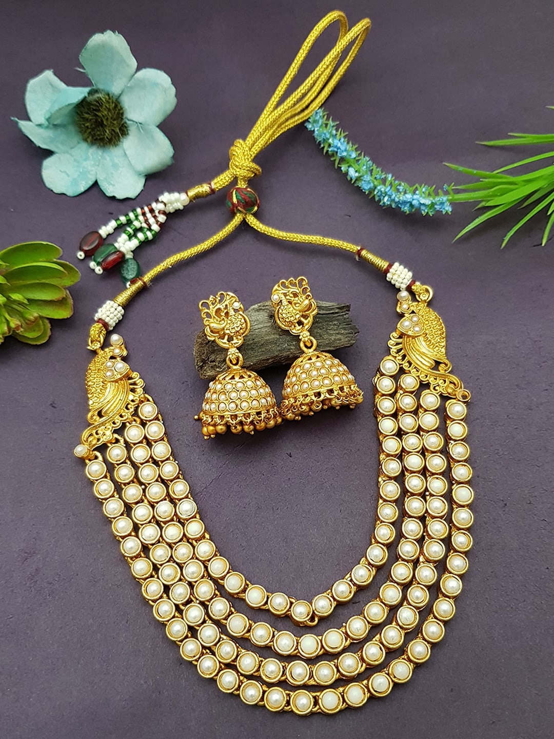 

GRIIHAM Gold-Plated White Stone-Studded & Pearl Beaded Jewellery Set