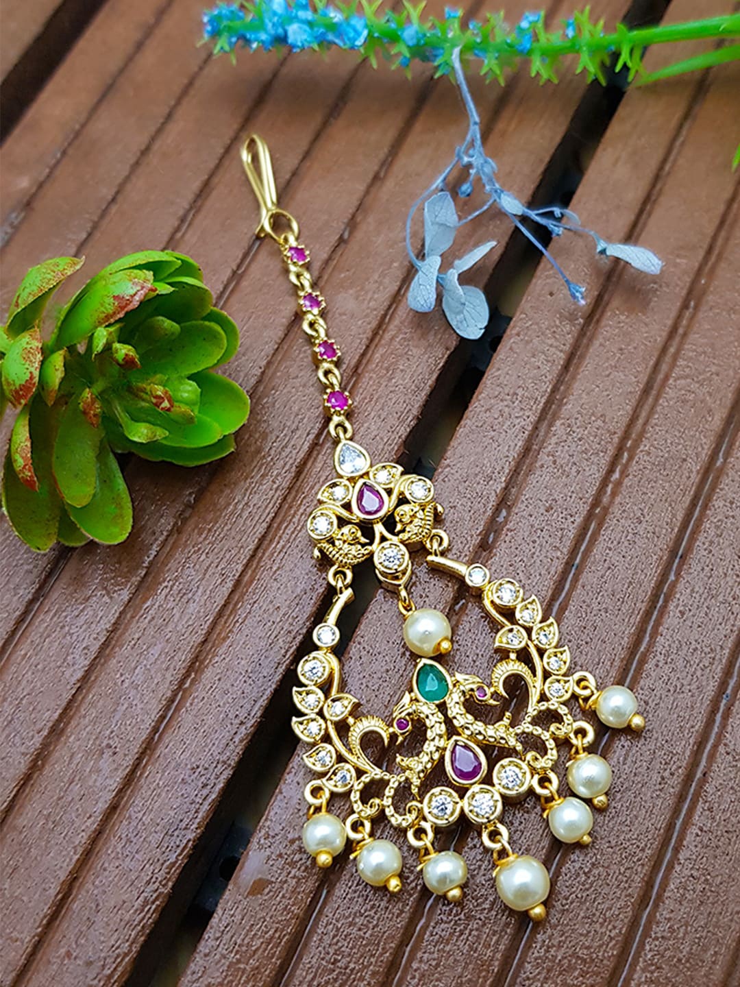 

GRIIHAM Gold-Plated White & Pink AD-Studded & Pearl Beaded Maang Tikka