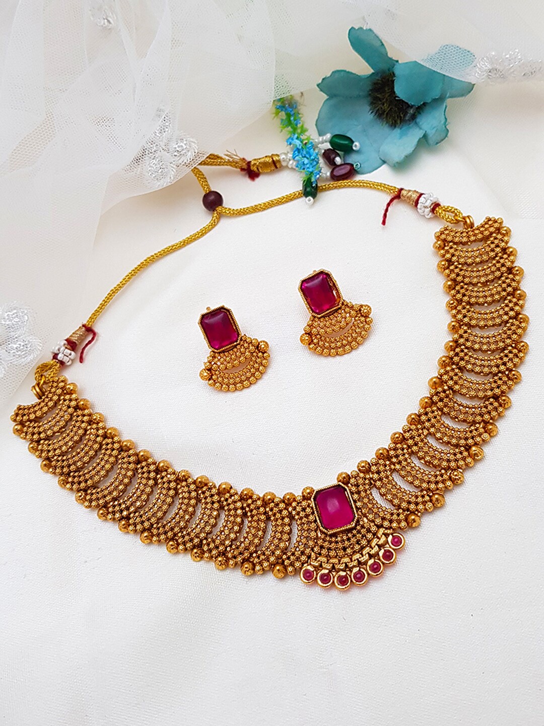 

GRIIHAM Gold-Plated & Pink AD-Studded & Beaded Jewellery Set