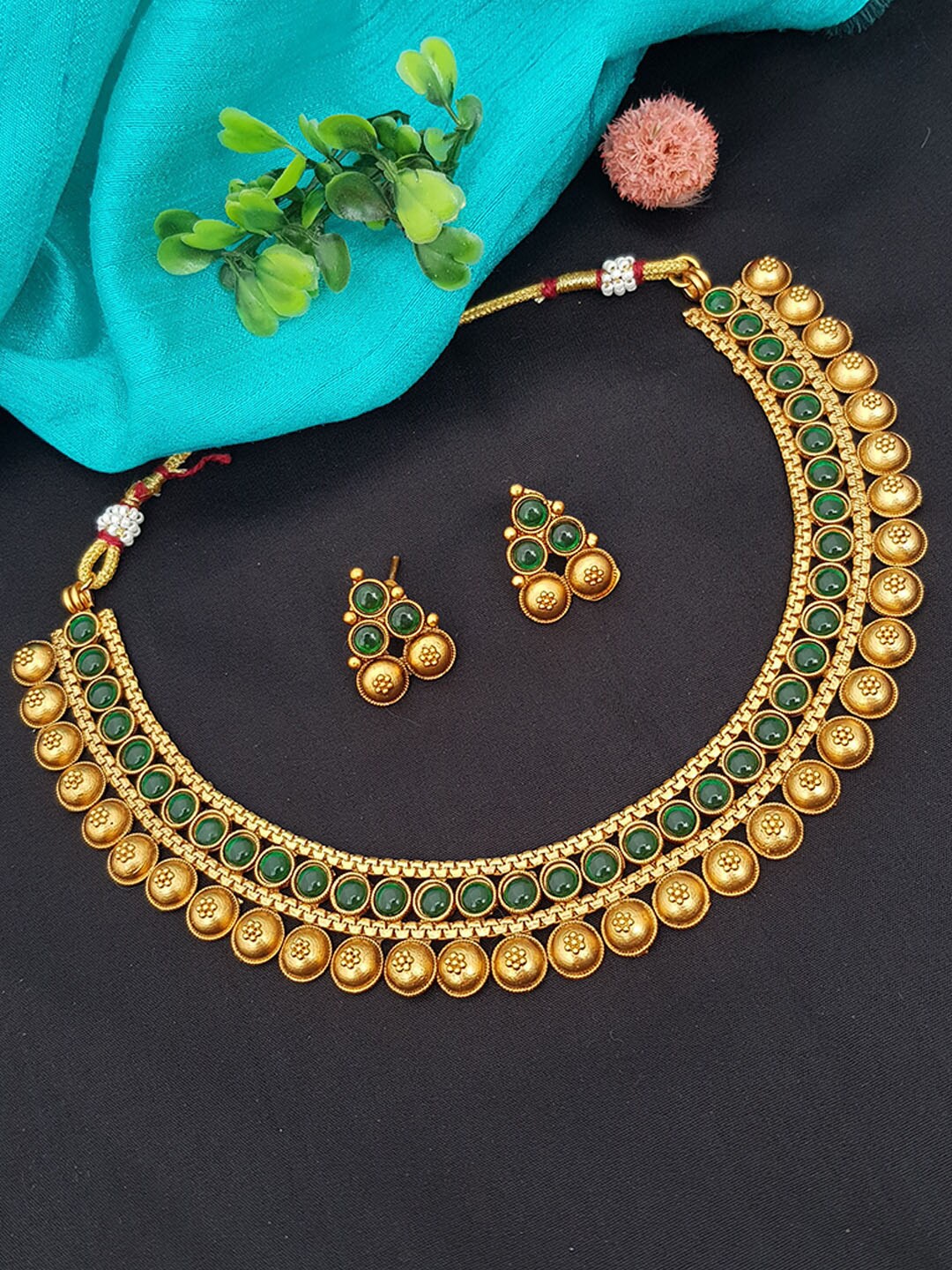

GRIIHAM Gold-Plated Green AD Stone-Studded Jewellery Set