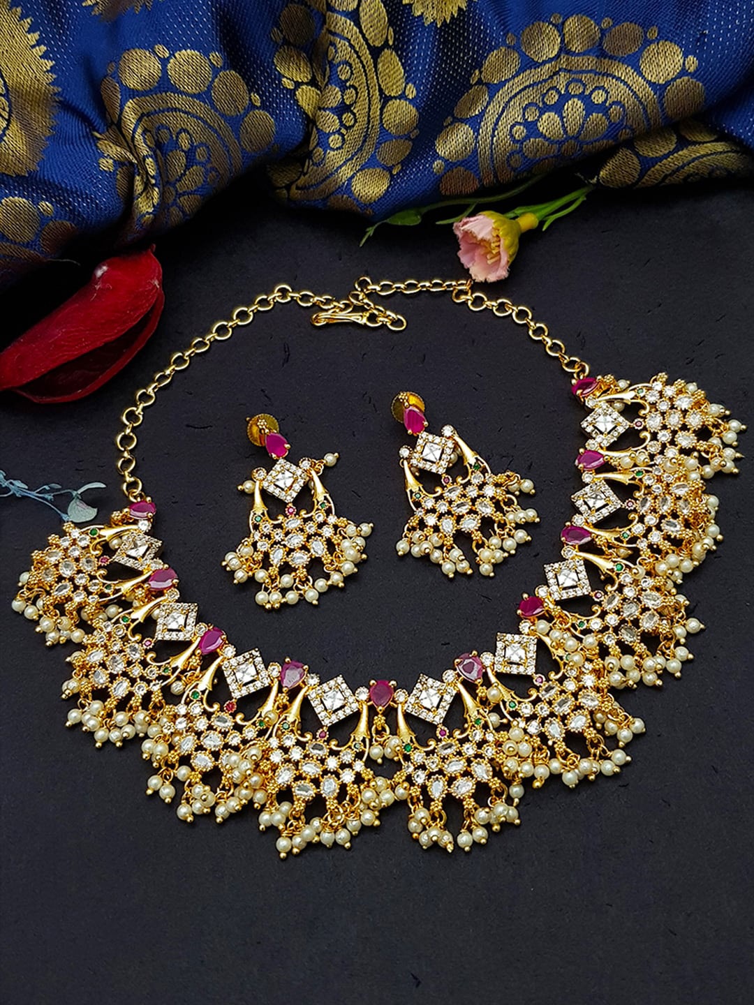 

GRIIHAM Gold-Plated Pink & White CZ-Studded Jewellery Set