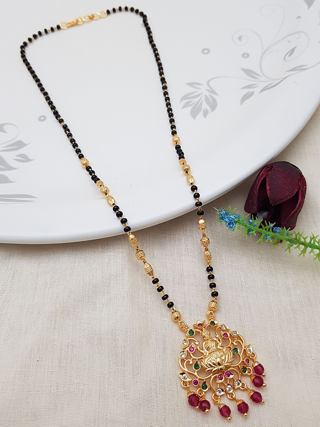 

GRIIHAM Gold-Plated Pink & Green Crystal-Studded & Beaded Mangalsutra