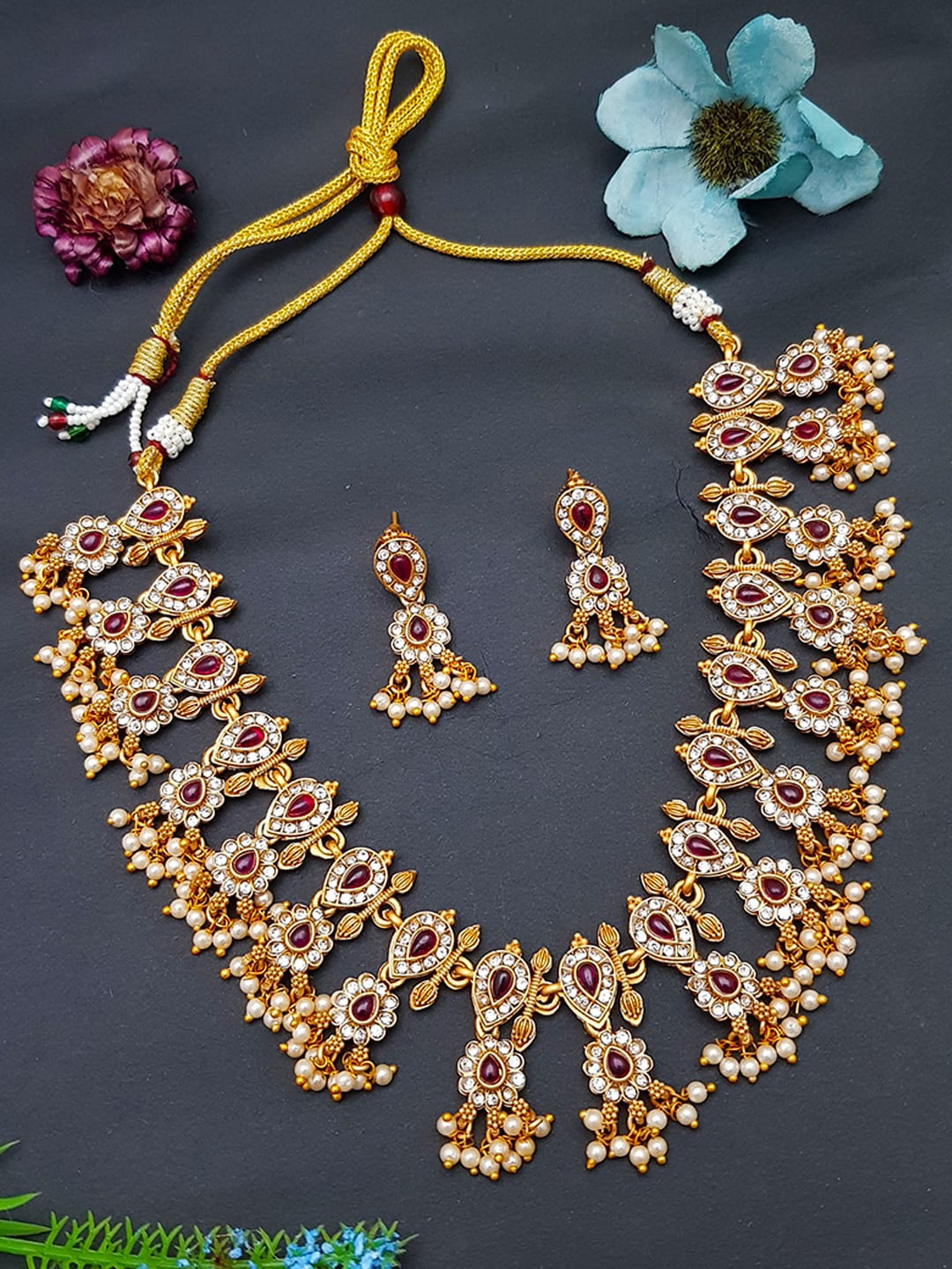 

GRIIHAM Gold-Plated Red Stone-Studded & Pearl Beaded Jewellery Set