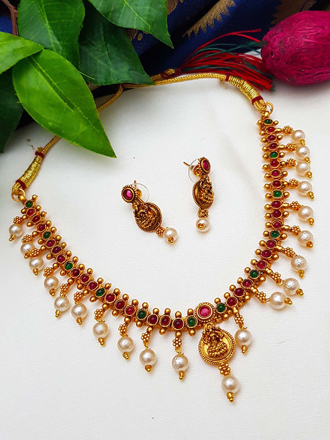 

GRIIHAM Gold-Plated White & Pink AD-Studded & Pearl Beaded Jewellery Set