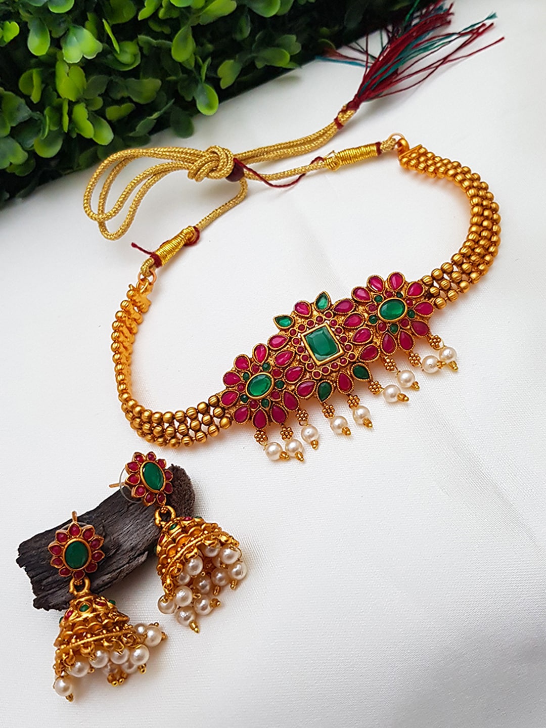 

GRIIHAM Gold-Plated White & Pink AD-Studded & Pearl Beaded Jewellery Set