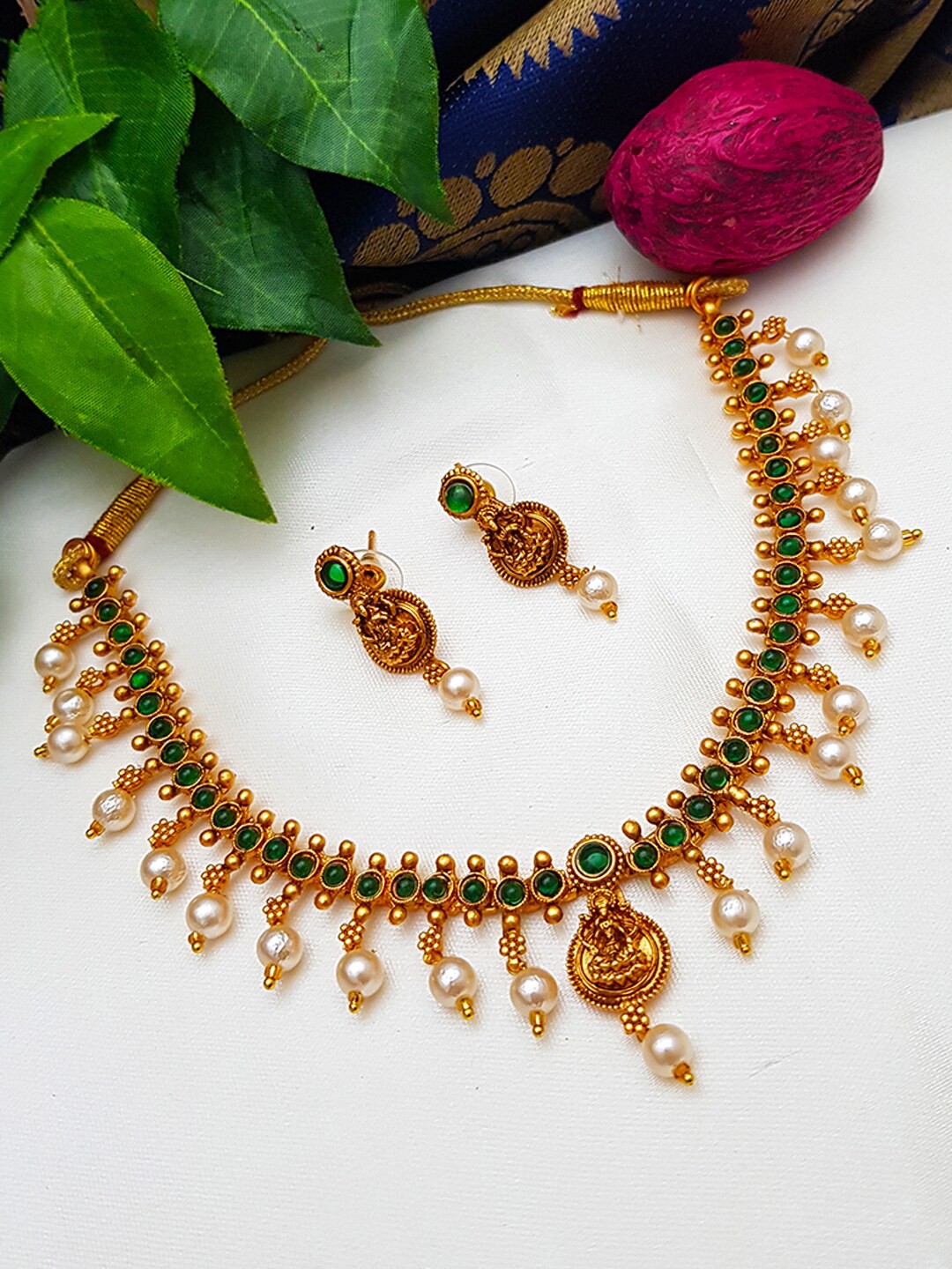 

GRIIHAM Gold-Plated Green & White AD-Studded & Beaded Jewellery Set