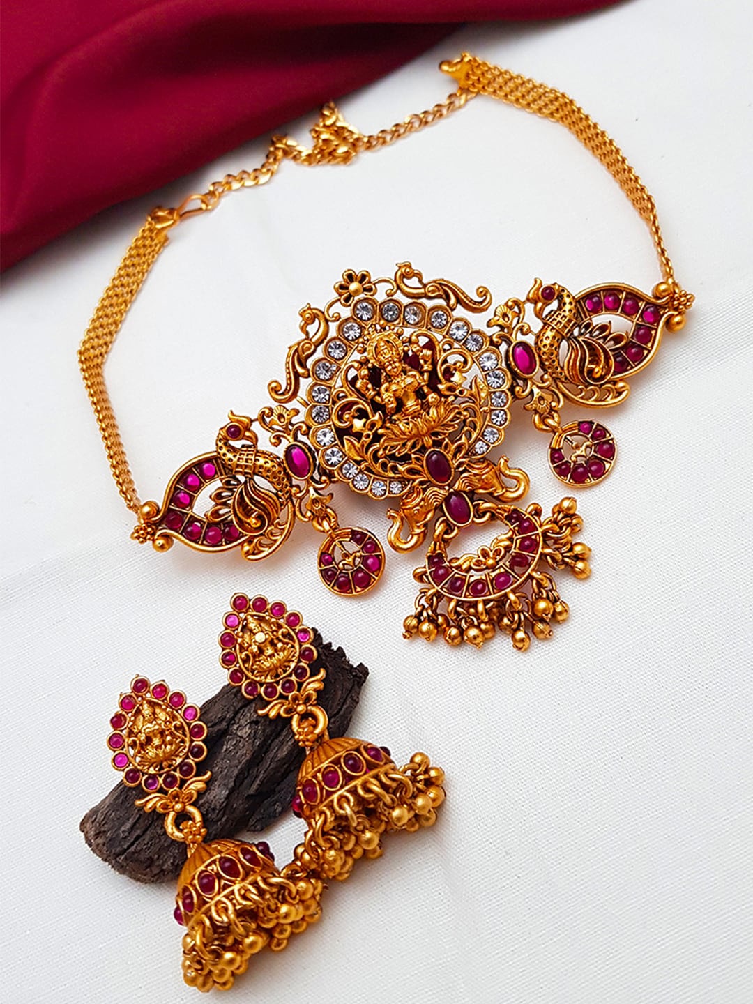 

GRIIHAM Gold-Plated Red Stone-Studded & Beaded Jewellery Set, Multi