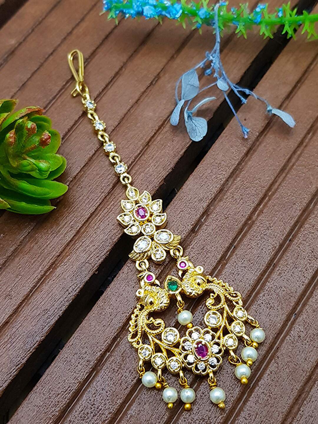 

GRIIHAM Gold-Plated Green, Pink & White AD-Studded & Beaded Maang Tikka