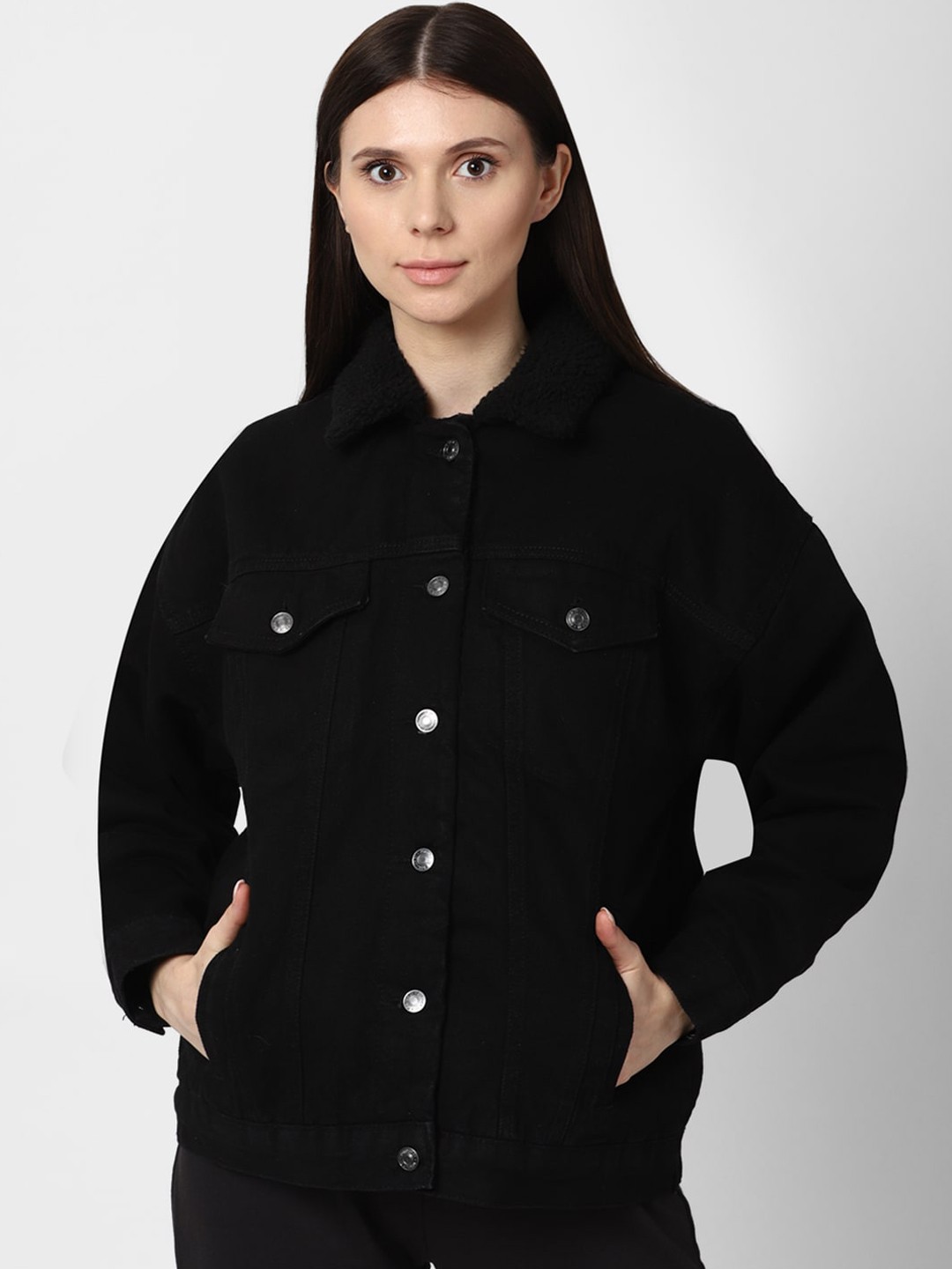 

FOREVER 21 Women Black Denim Jacket with Embroidered