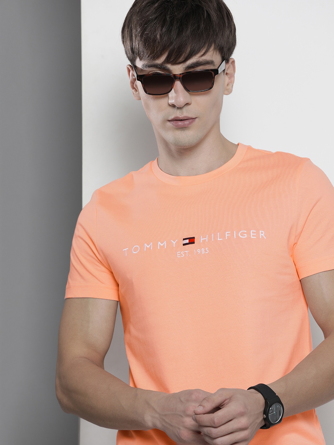 

Tommy Hilfiger Men Orange & White Brand Logo Rafael Nadal Printed Organic Cotton Slim Fit T-shirt