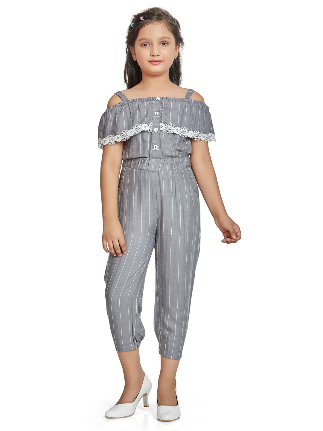 

Peppermint Girls Grey & White Striped Basic Jumpsuit