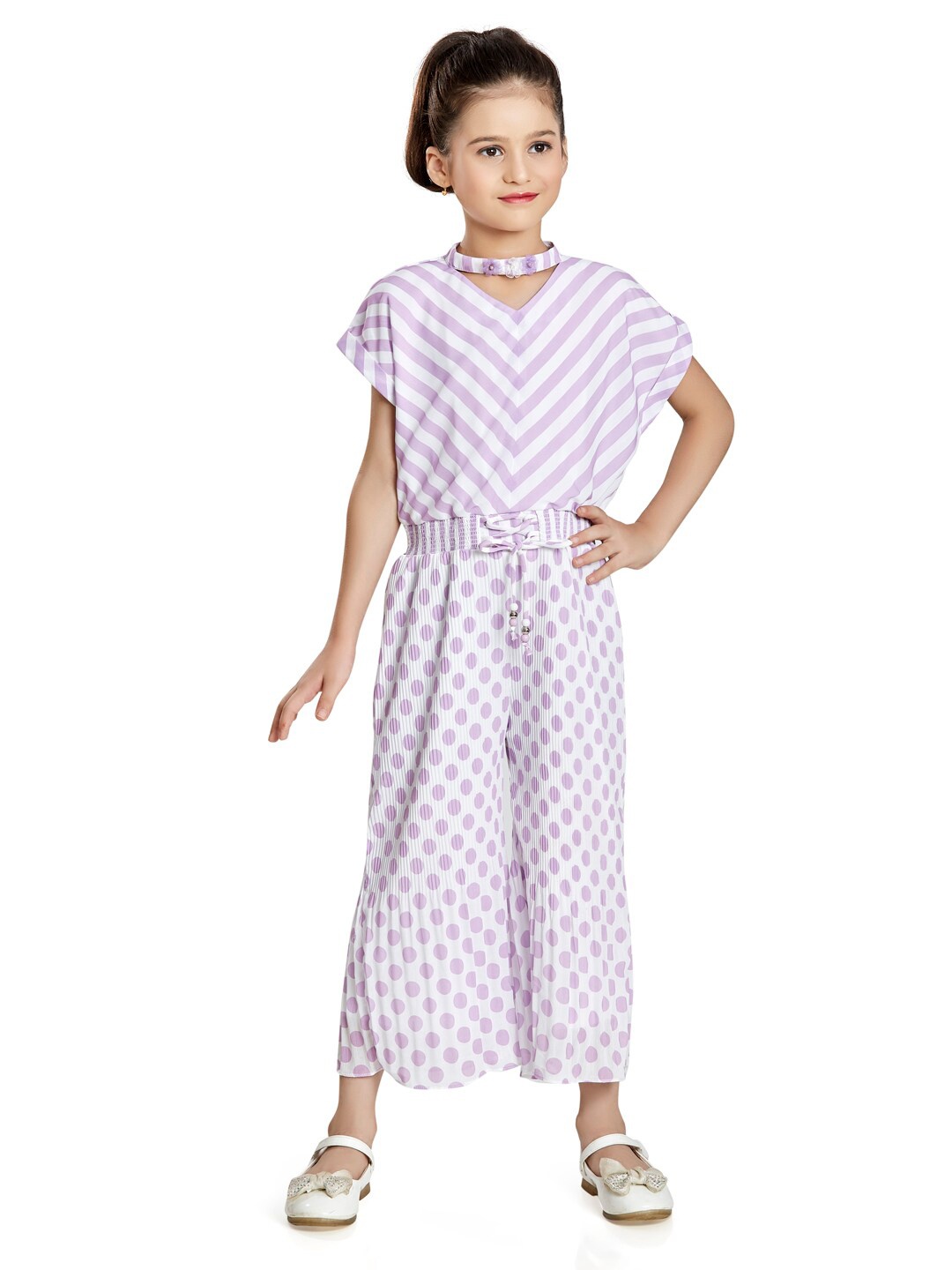 

Peppermint Girls Purple & White Printed Basic Jumpsuit