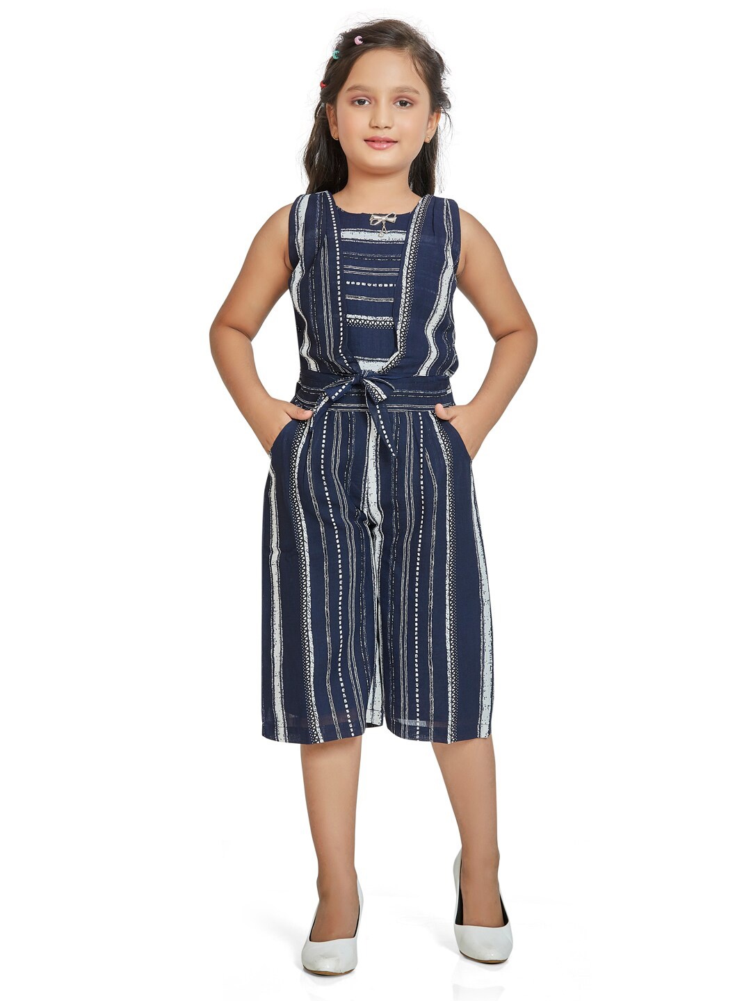 

Peppermint Girls Navy Blue & White Striped Basic Jumpsuit