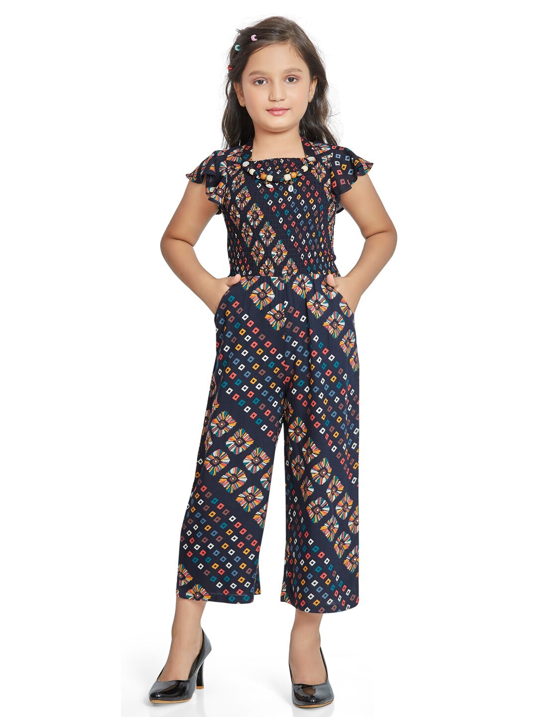 

Peppermint Girls Navy Blue & White Printed Basic Jumpsuit