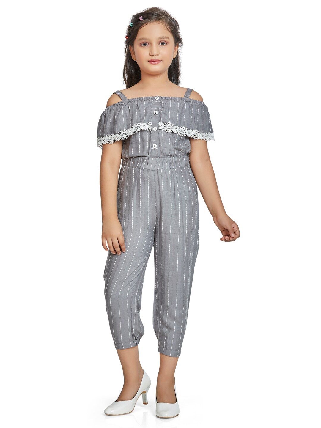 

Peppermint Girls Grey & White Off-Shoulder Printed Basic Jumpsuit with Lace Inserts