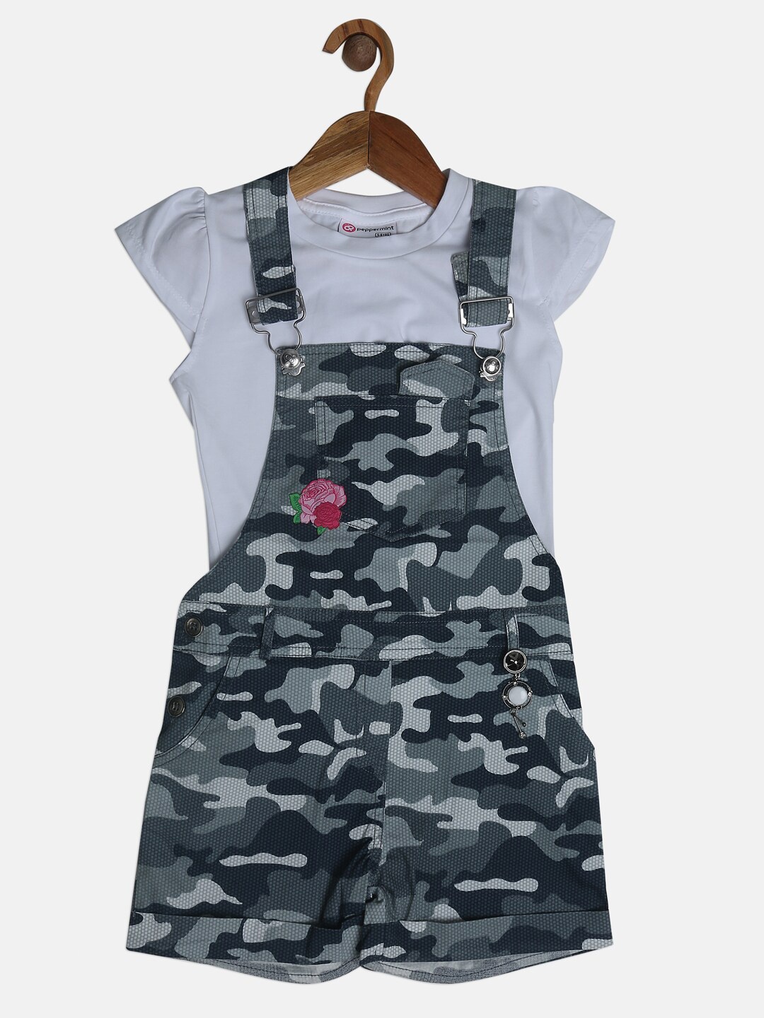 

Peppermint Girls Grey & Black Printed Dunagrees with Top