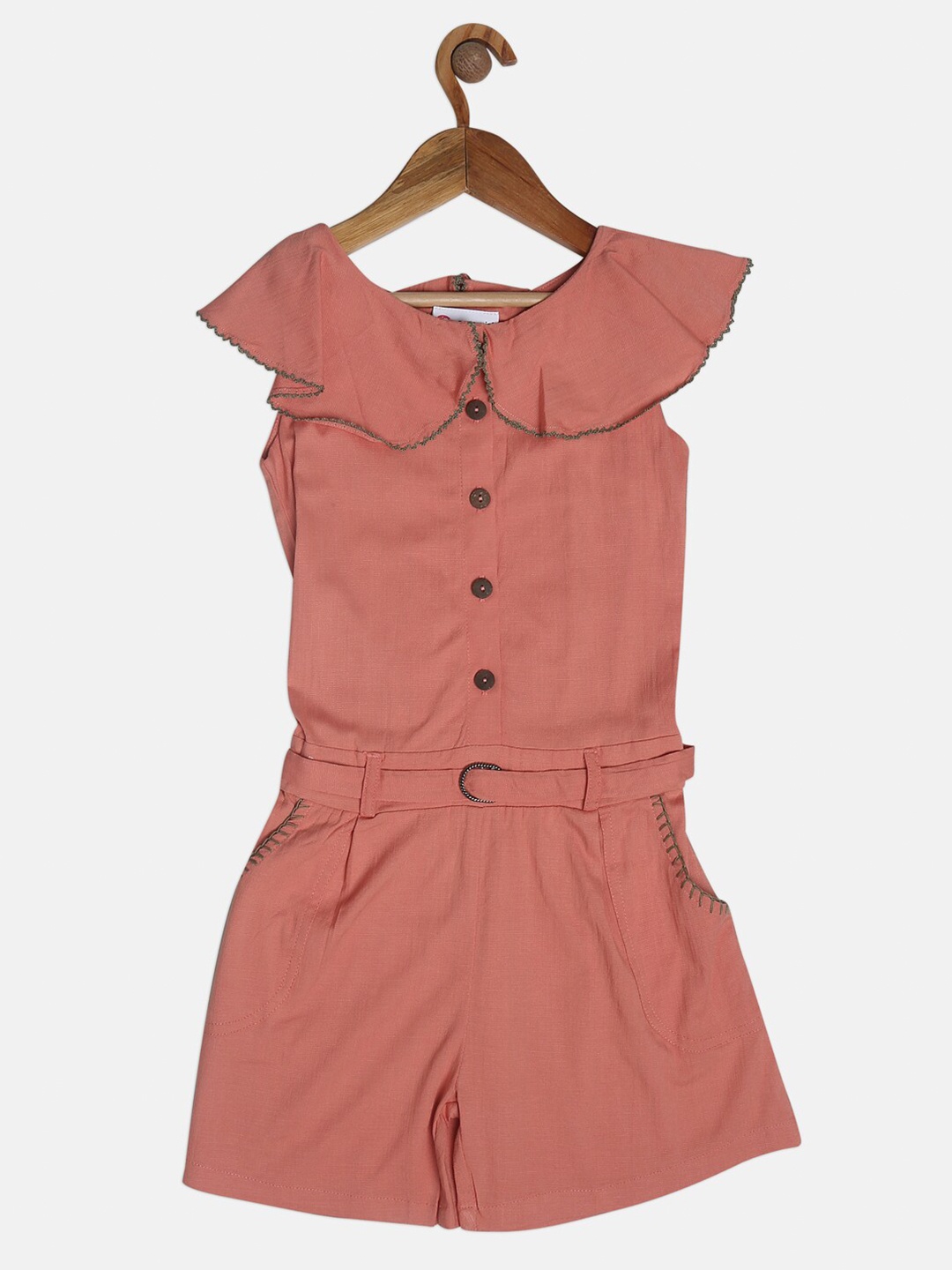 

Peppermint Girls Peach-Coloured Solid Pure Cotton Basic Jumpsuit