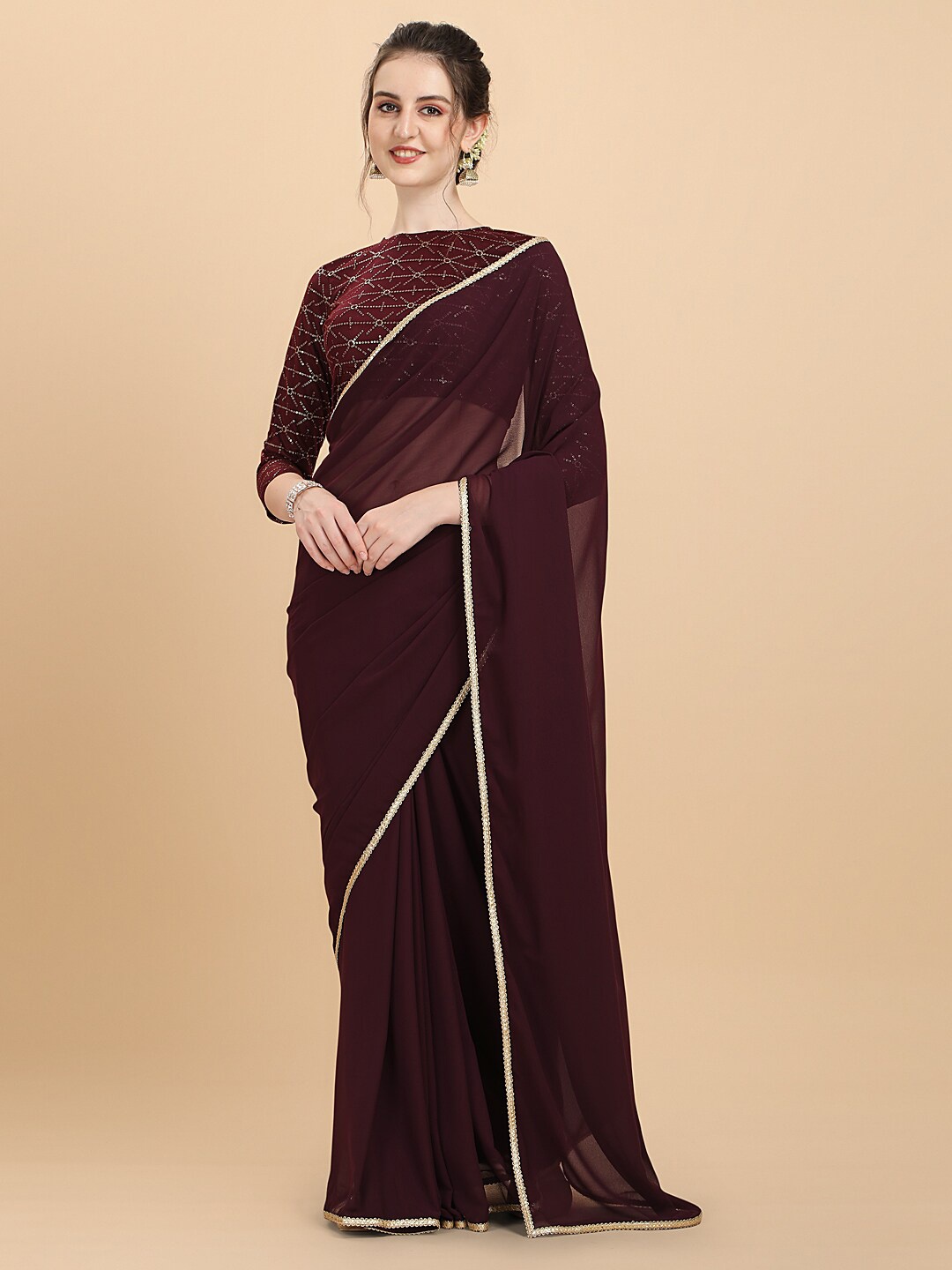 

Inddus Women Wine Embroidered Georgette Saree with Net Blouse Piece, Burgundy