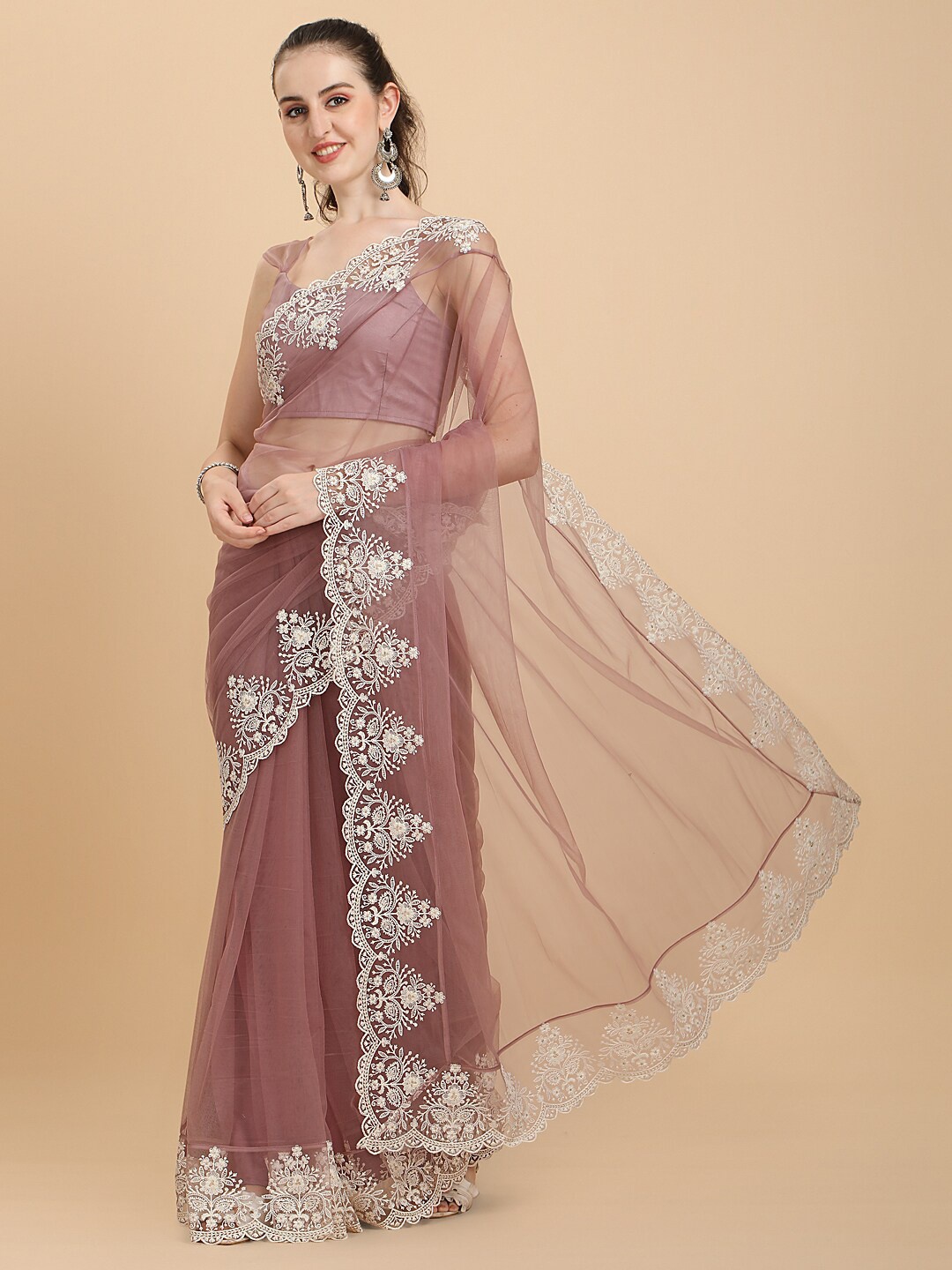 

Inddus Women Mauve Embroidered Net Saree with Blouse Piece