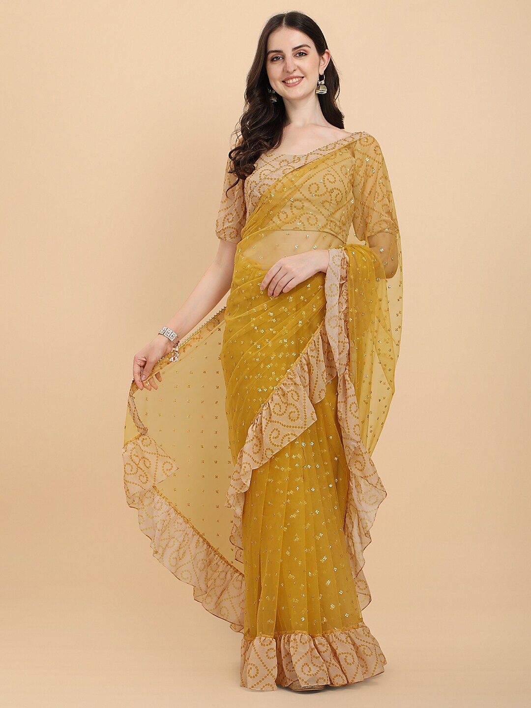

Inddus Women Mustard Yellow Embroidered Bandhani Ruffle Saree with Blouse Piece