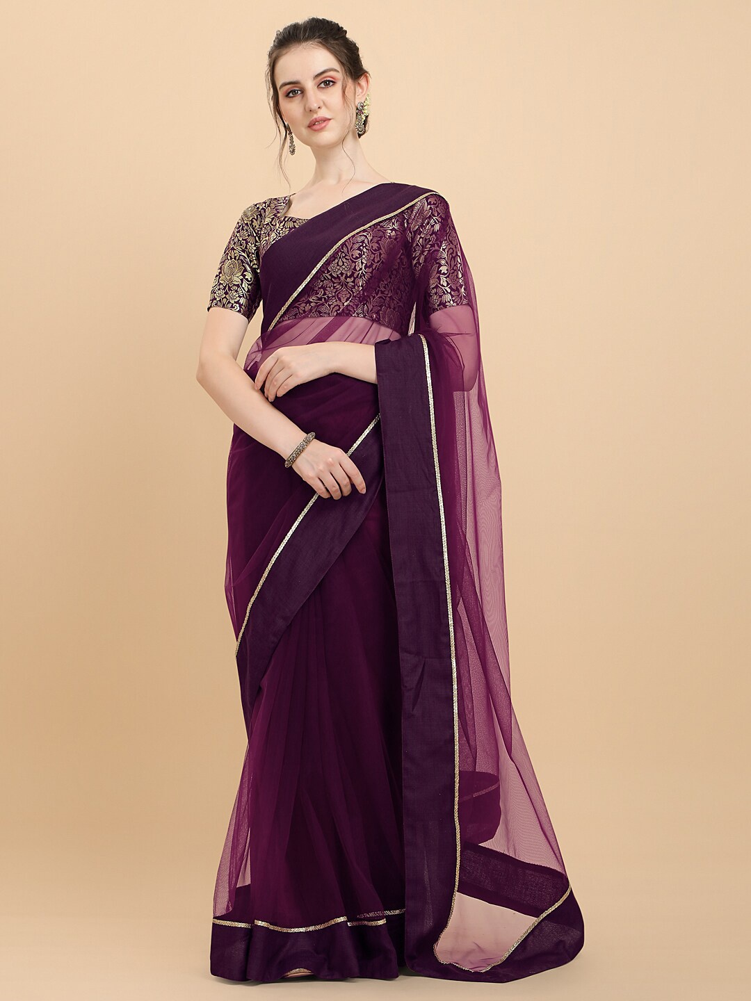 

Inddus Women Wine Woven Design Net Saree with Brocade Blouse Piece, Mauve