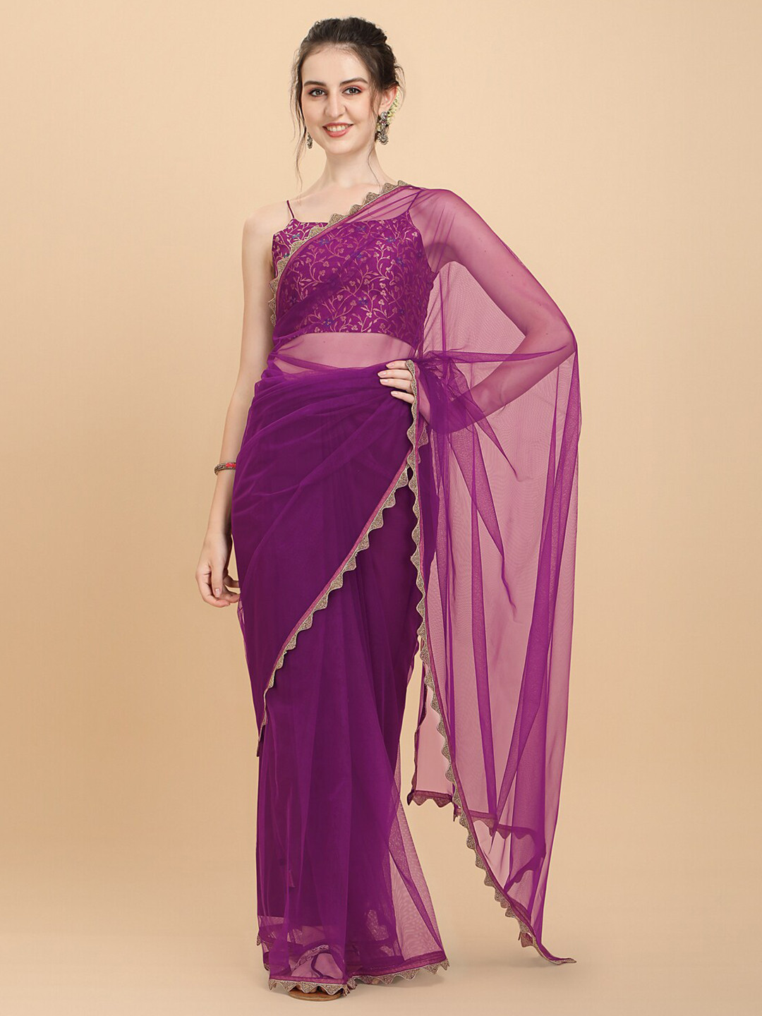 

Inddus Women Wine Woven Design Net Saree with Brocade Blouse Piece, Mauve