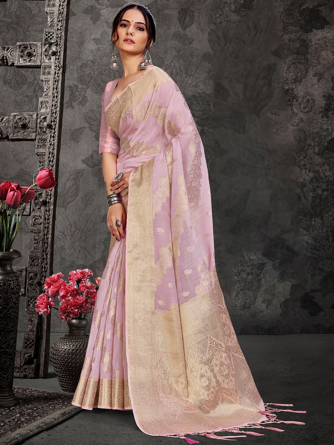 

Inddus Women Pink Ethnic Motifs Woven Design Saree with Blouse Piece