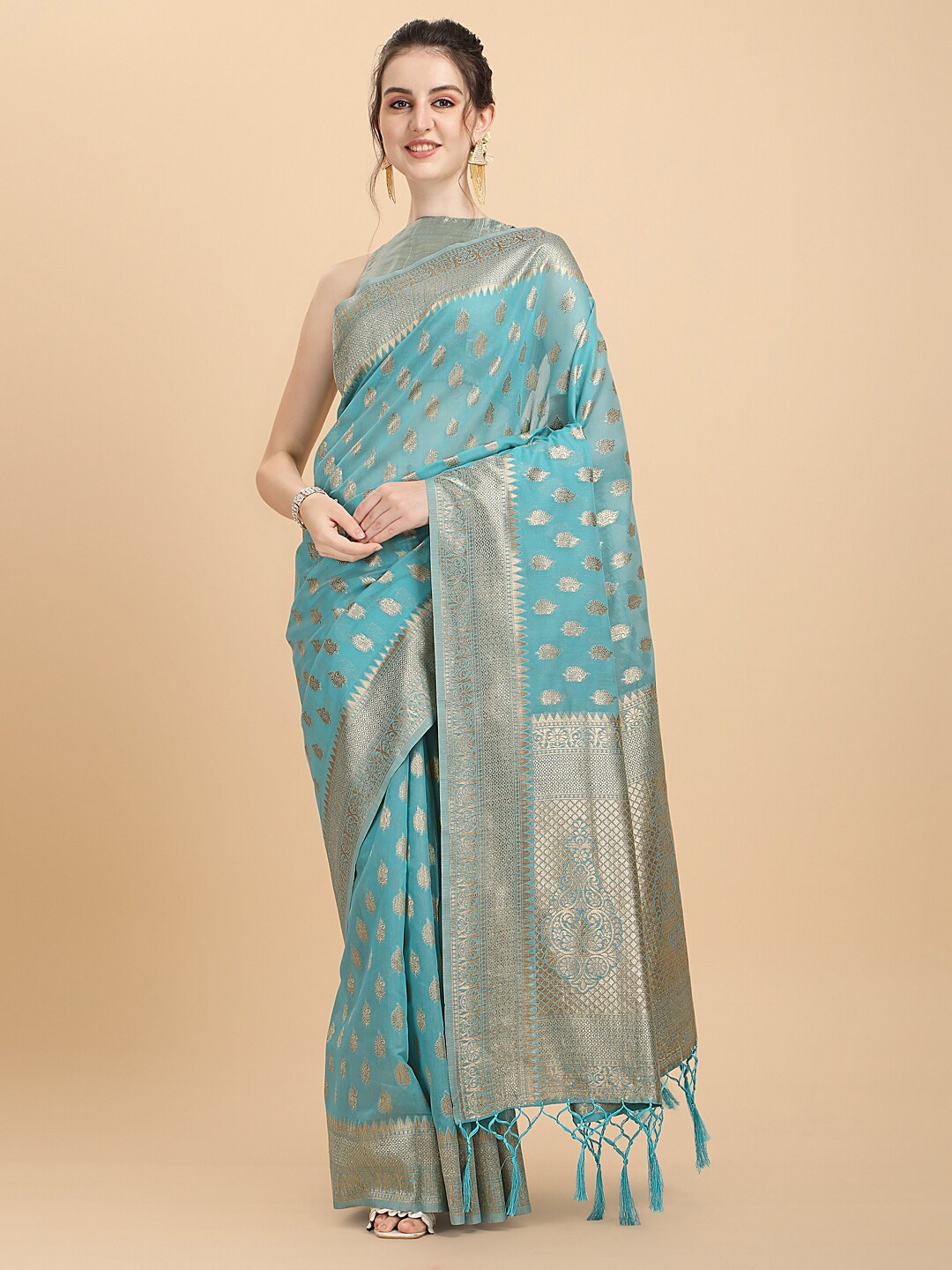 

Inddus Women Blue Woven Design Chanderi Cotton Saree with Blouse Piece