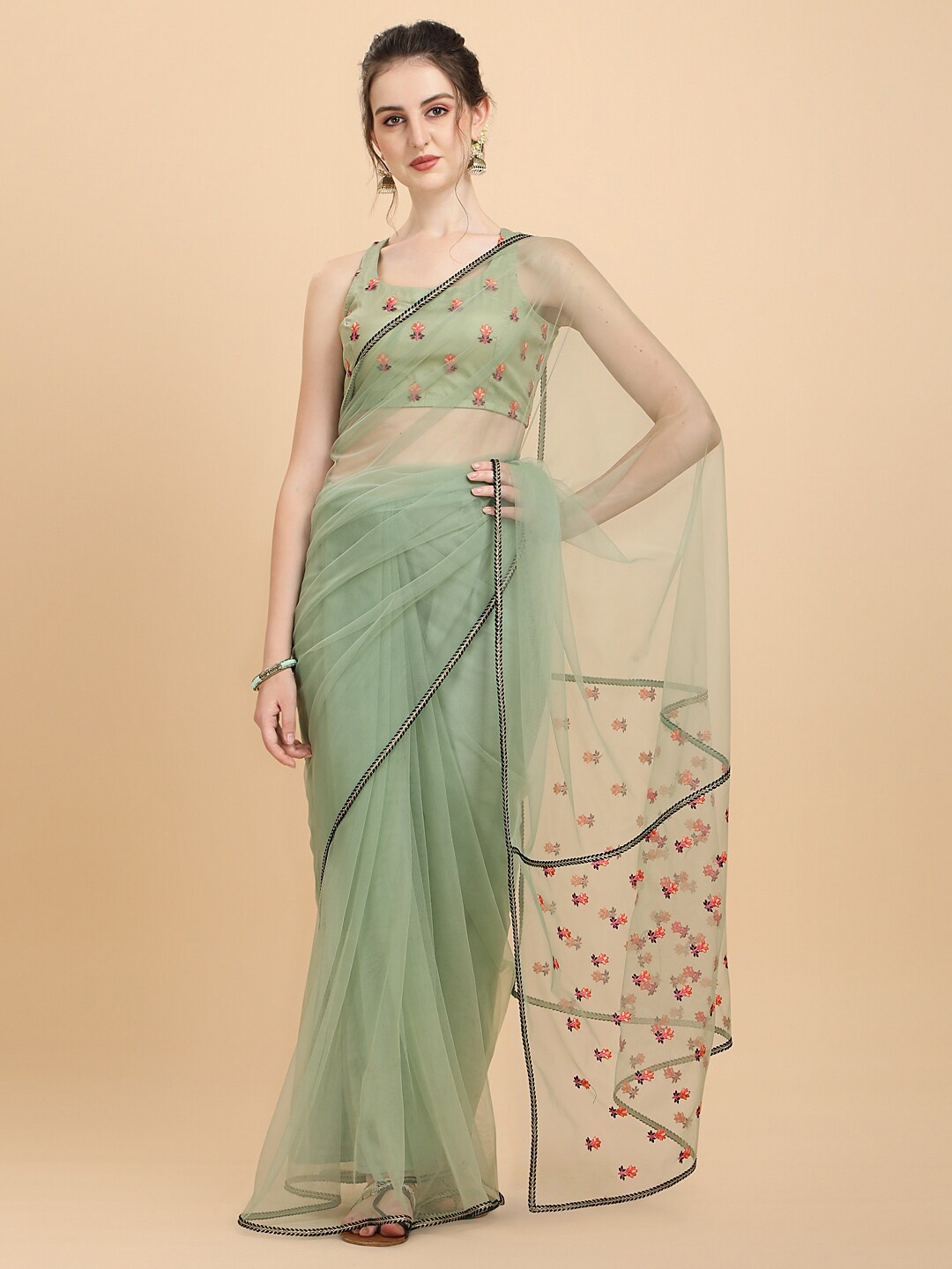 

Sangria Green Embroidered Net Saree