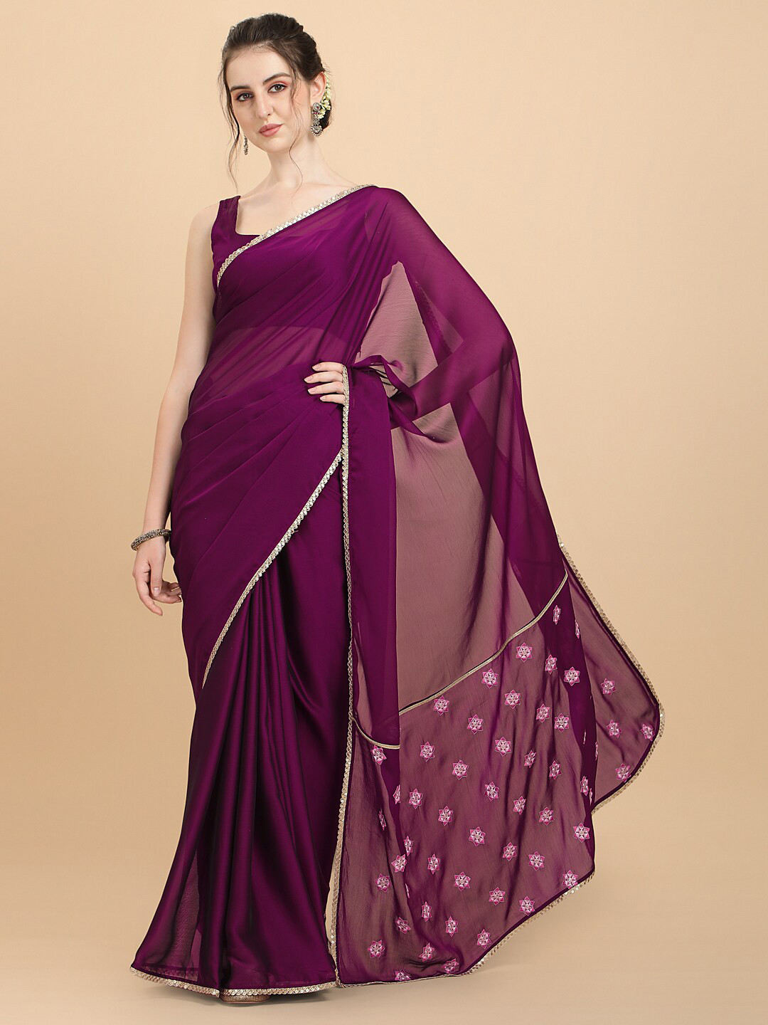 

Sangria Wine Embroidered Silk Blend Saree, Purple