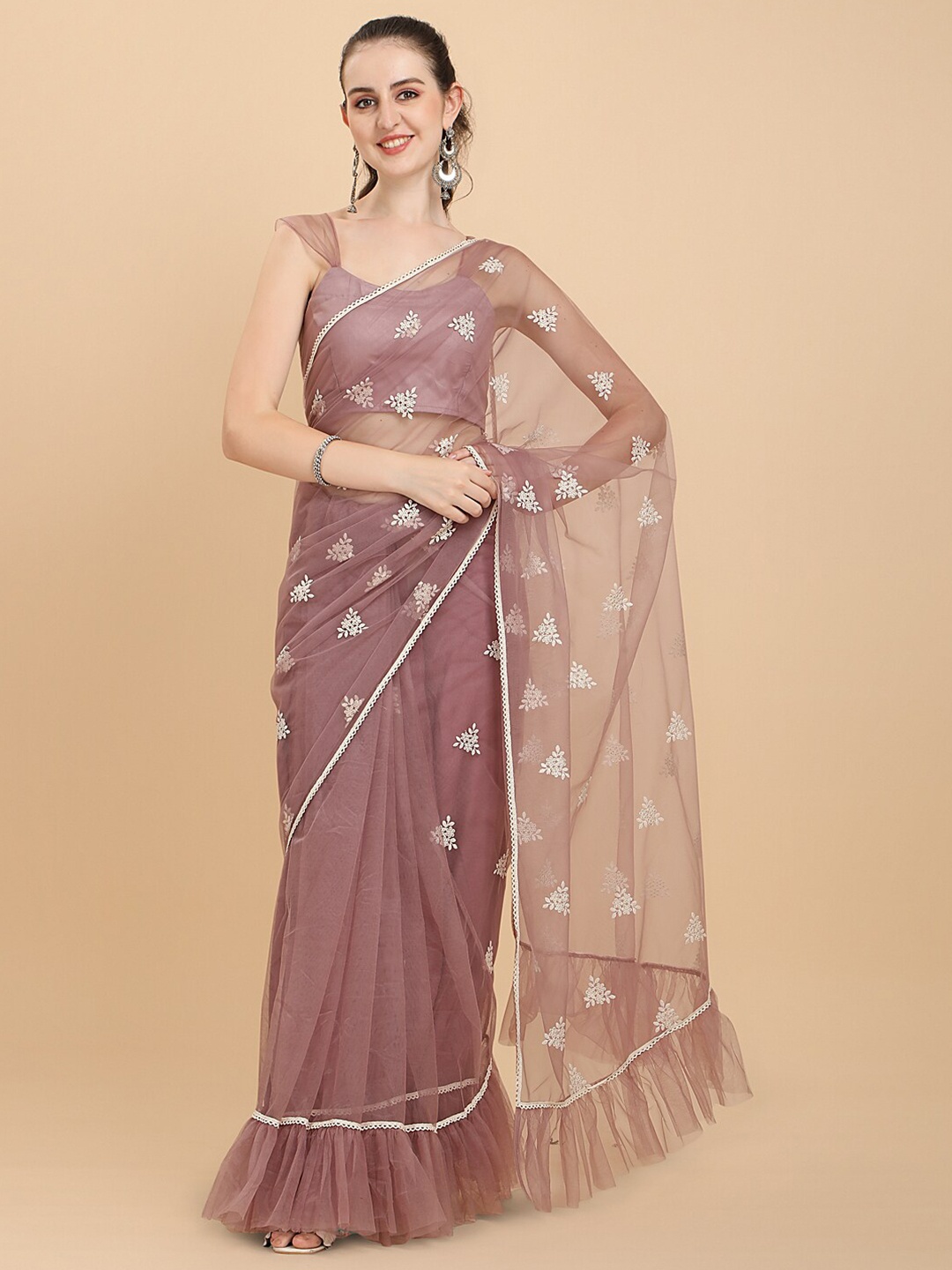 

Sangria Mauve Embroidered Net Ruffle Saree