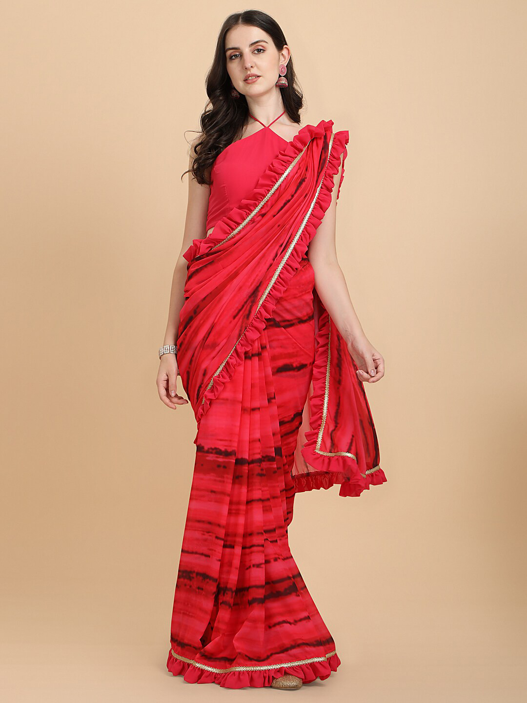 

Sangria Pink & Black Printed Georgette Ruffle Saree