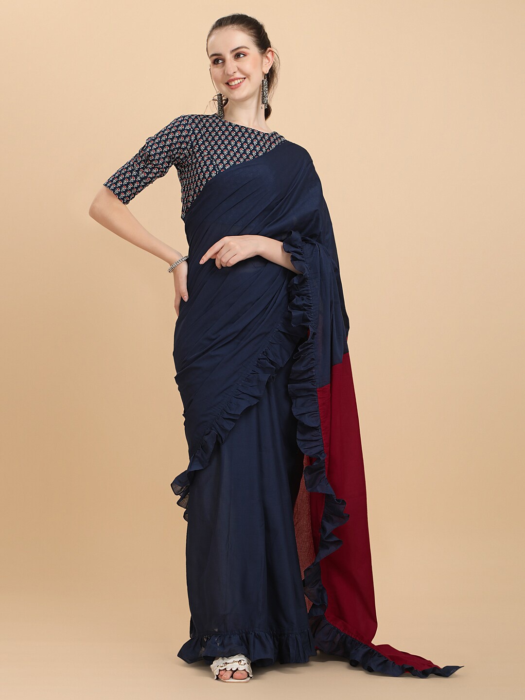 

Sangria Navy Blue Printed Cotton Ruffle Saree