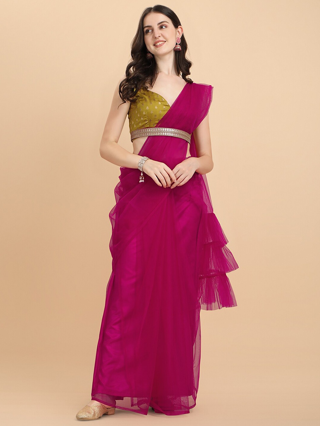 

Sangria Magenta Pink Net Ruffle Saree & Embellished Belt