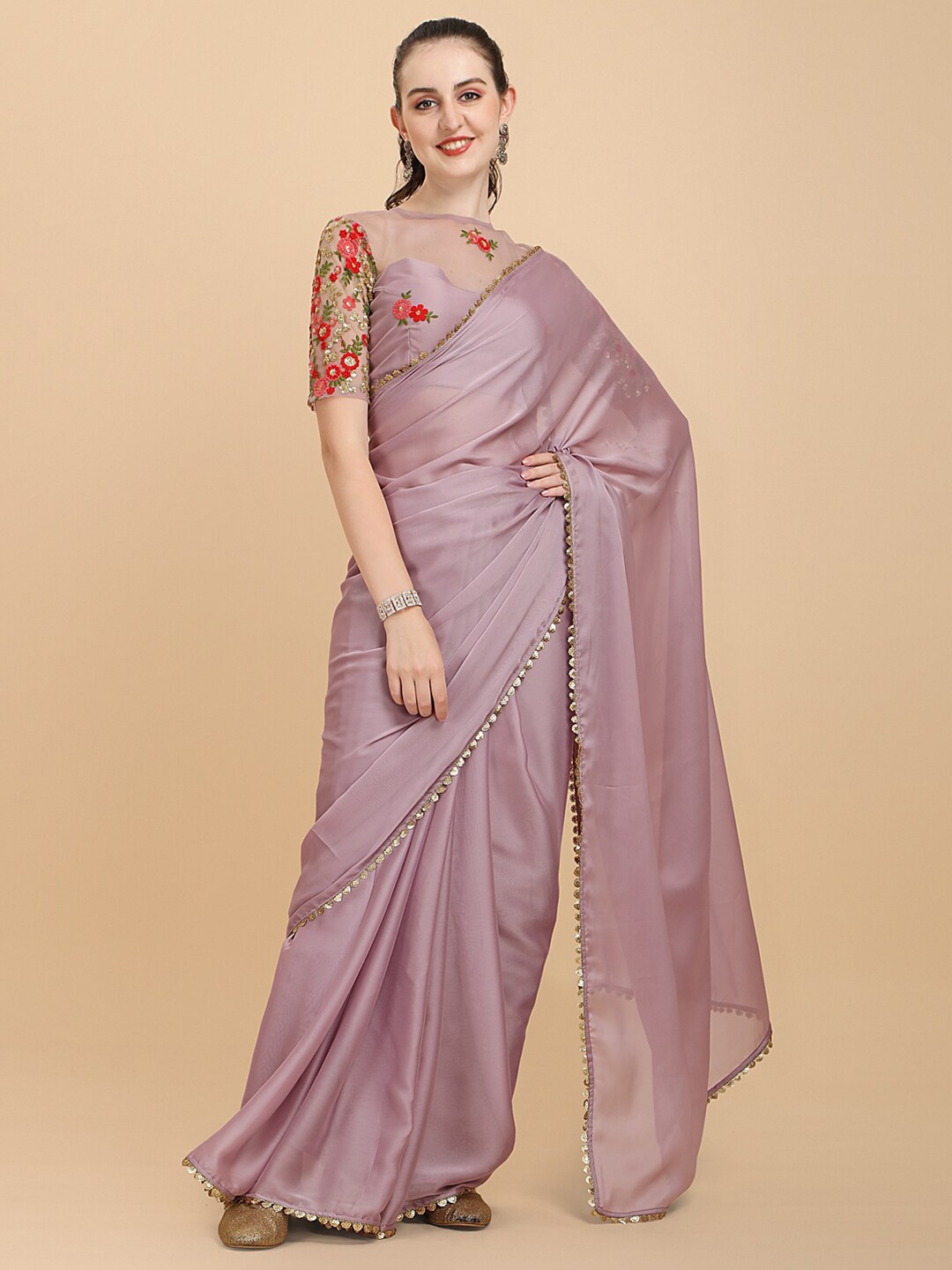 

Sangria Lilac Embroidered Silk Blend Saree, Lavender