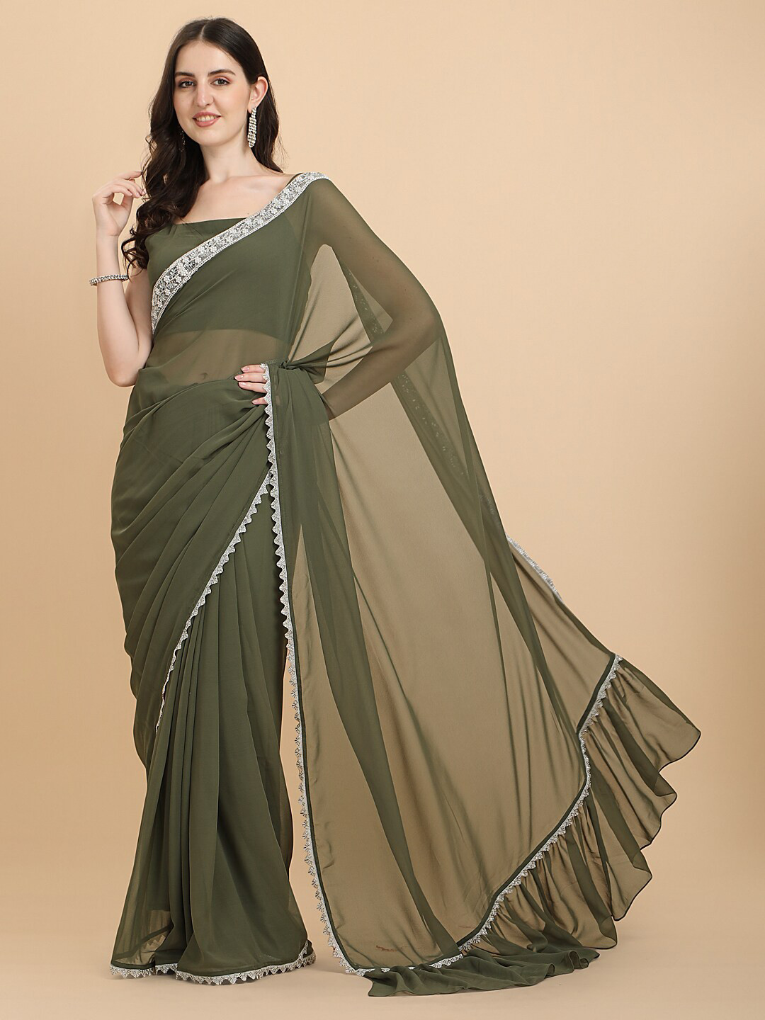 

Sangria Sage Green Embroidered Georgette Ruffle Saree