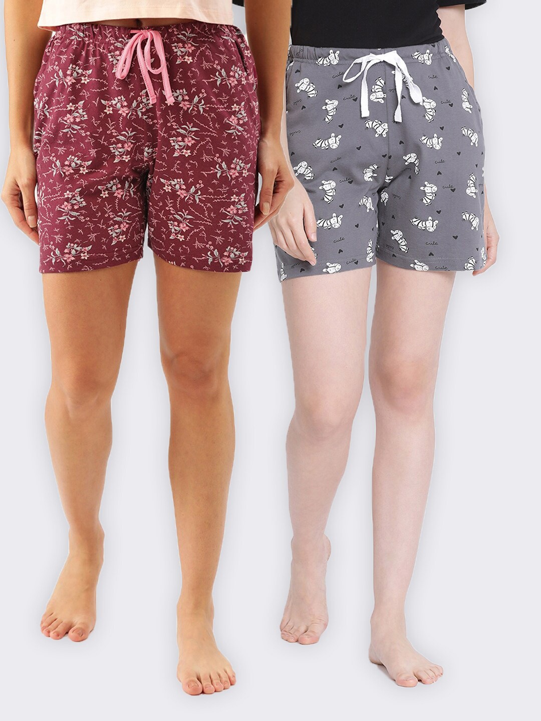 

Kanvin Women Maroon & Grey Set of 2 Printed Cotton Lounge Shorts
