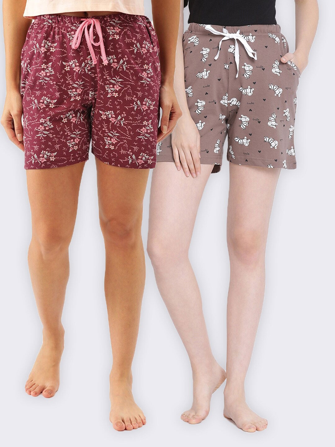 

Kanvin Women Pack of 2 Printed Pure Cotton Lounge Shorts, Maroon
