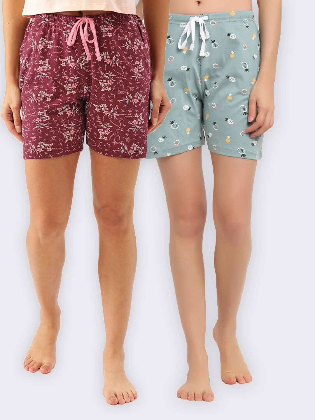

Kanvin Women Set Of 2 Maroon & Sea Green Printed Lounge Shorts