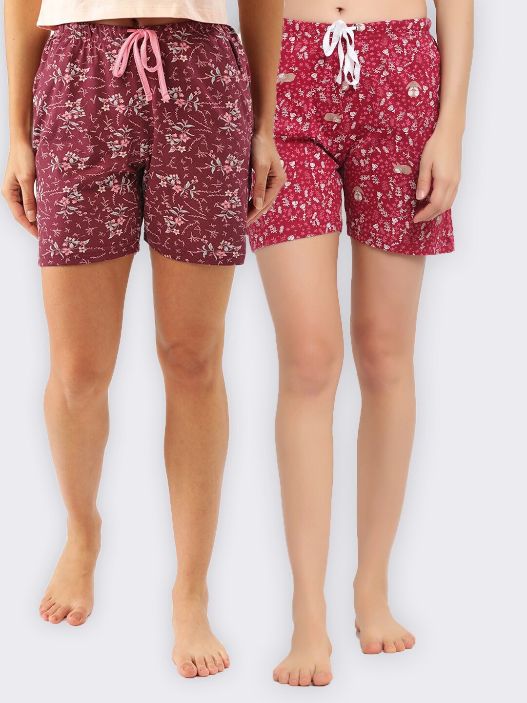 

Kanvin Women Maroon & Red Pack Of 2 Printed Pure Cotton Lounge Shorts
