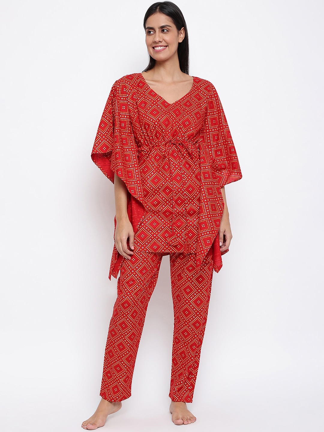 

Duchess Red & White Bandhani Printed Kaftan Night Suit