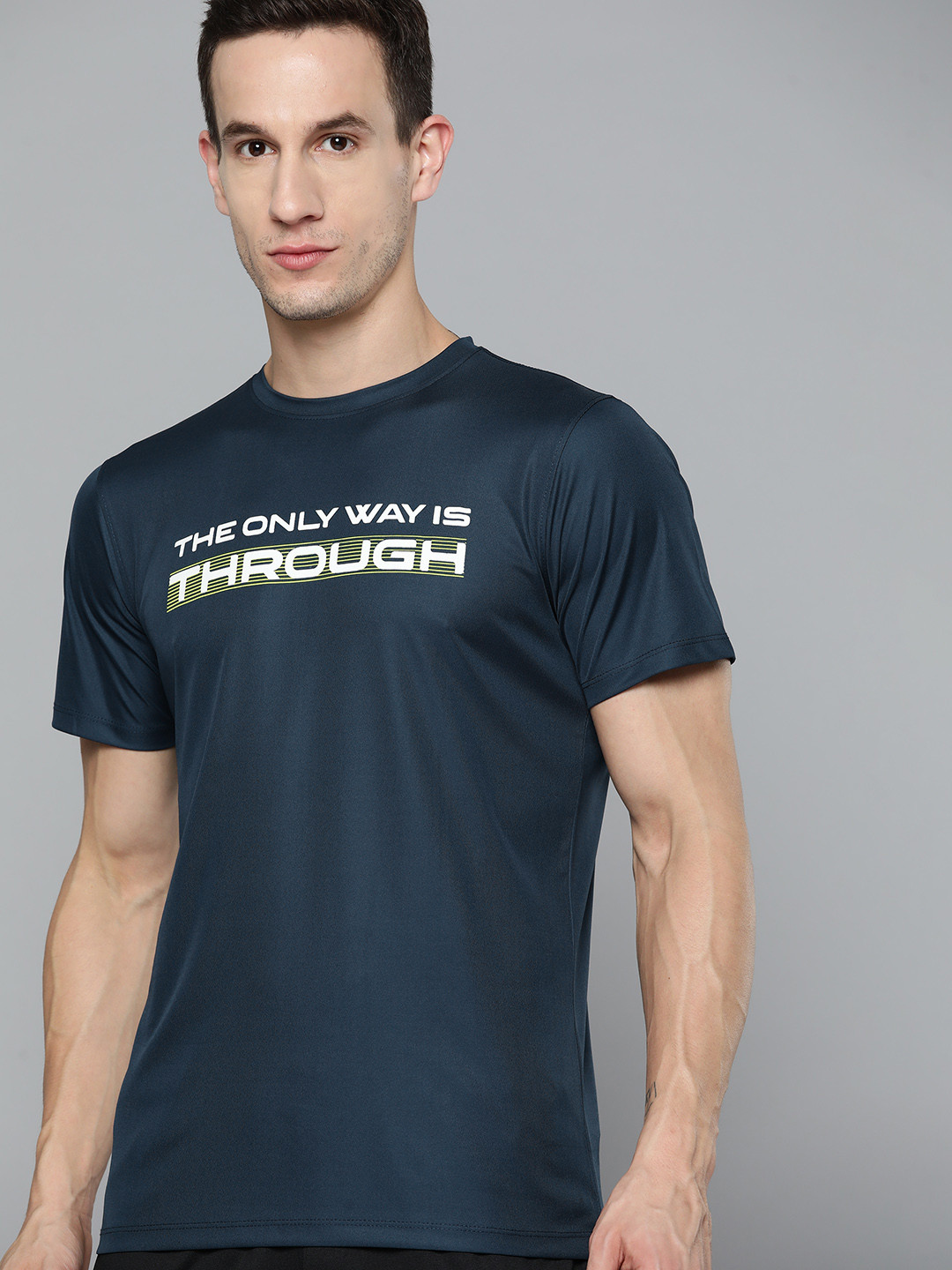 

HRX By Hrithik Roshan Training Men Teal Blue Rapid-Dry Antimicrobial Typography T-shirt