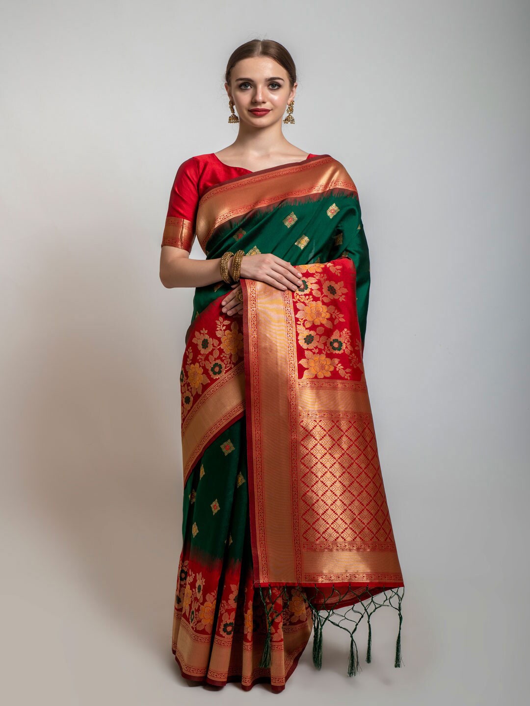 

Lilots Green & Red Woven Design Zari Kota Saree