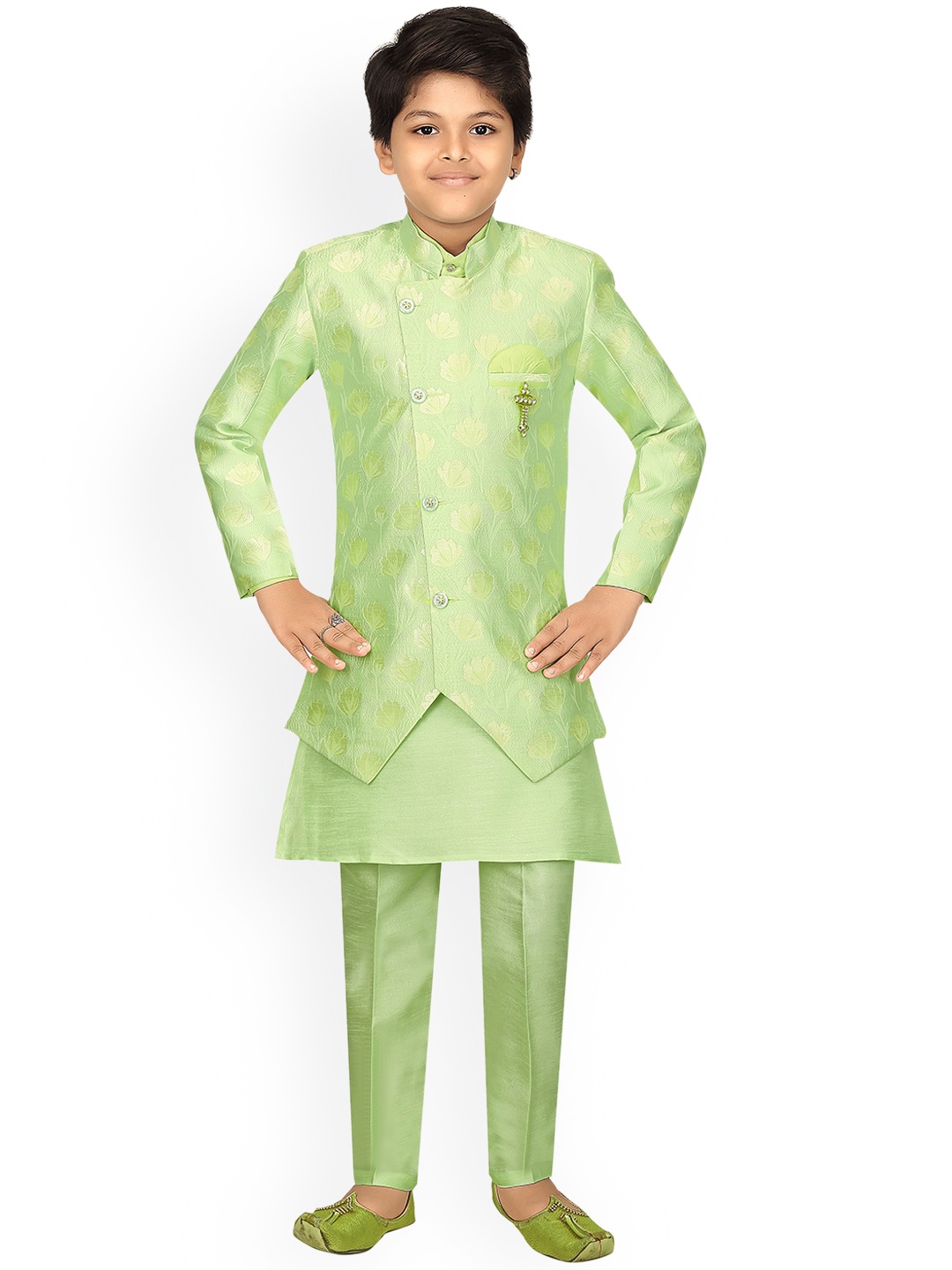 

ahhaaaa Boys Fluorescent Green Self Design Silk Sherwani