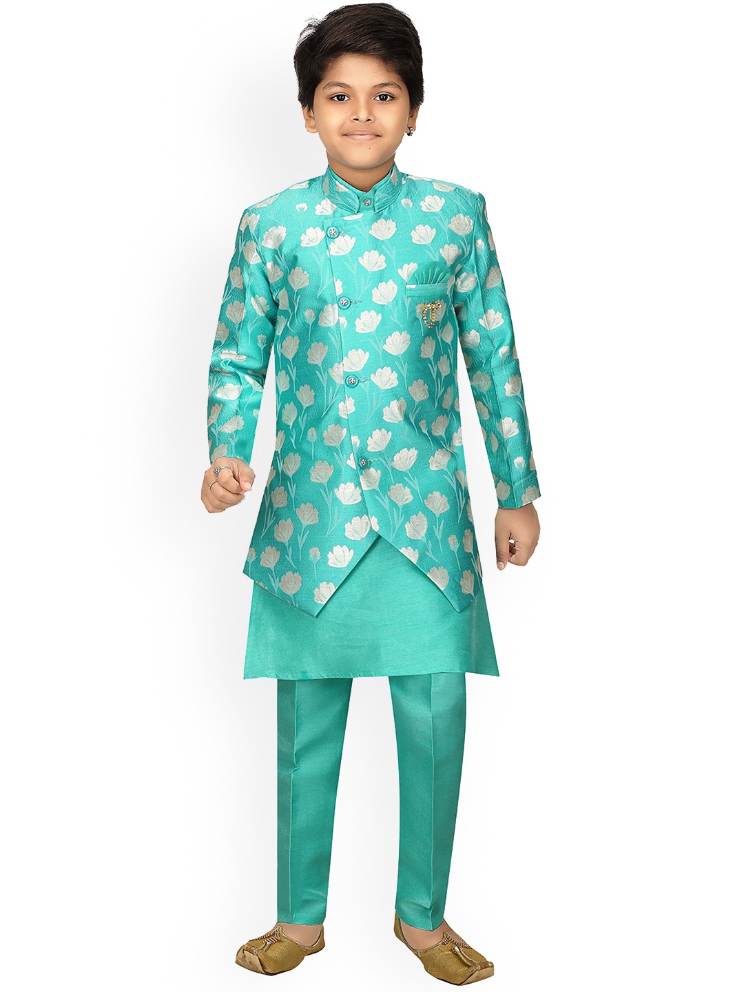 

ahhaaaa Boys Turquoise-Blue & Silver-Colored Printed Sherwani Set