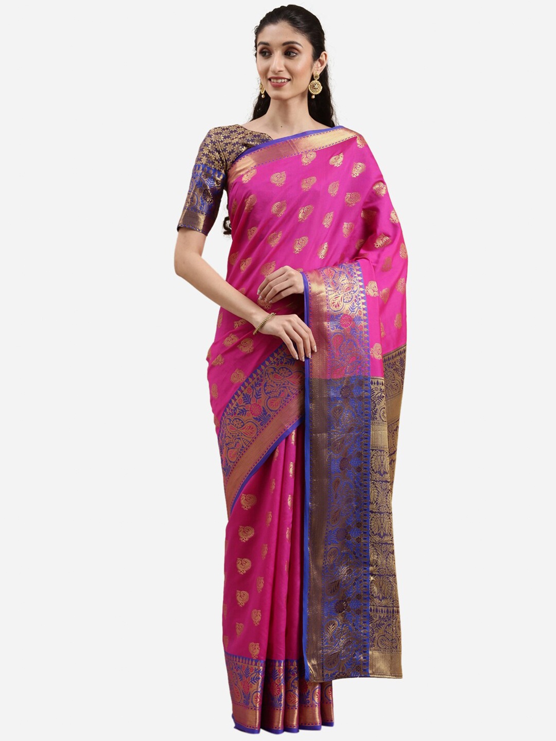 

Satrani Pink & Gold-Toned Ethnic Motif Woven Design Zari Banarasi Saree