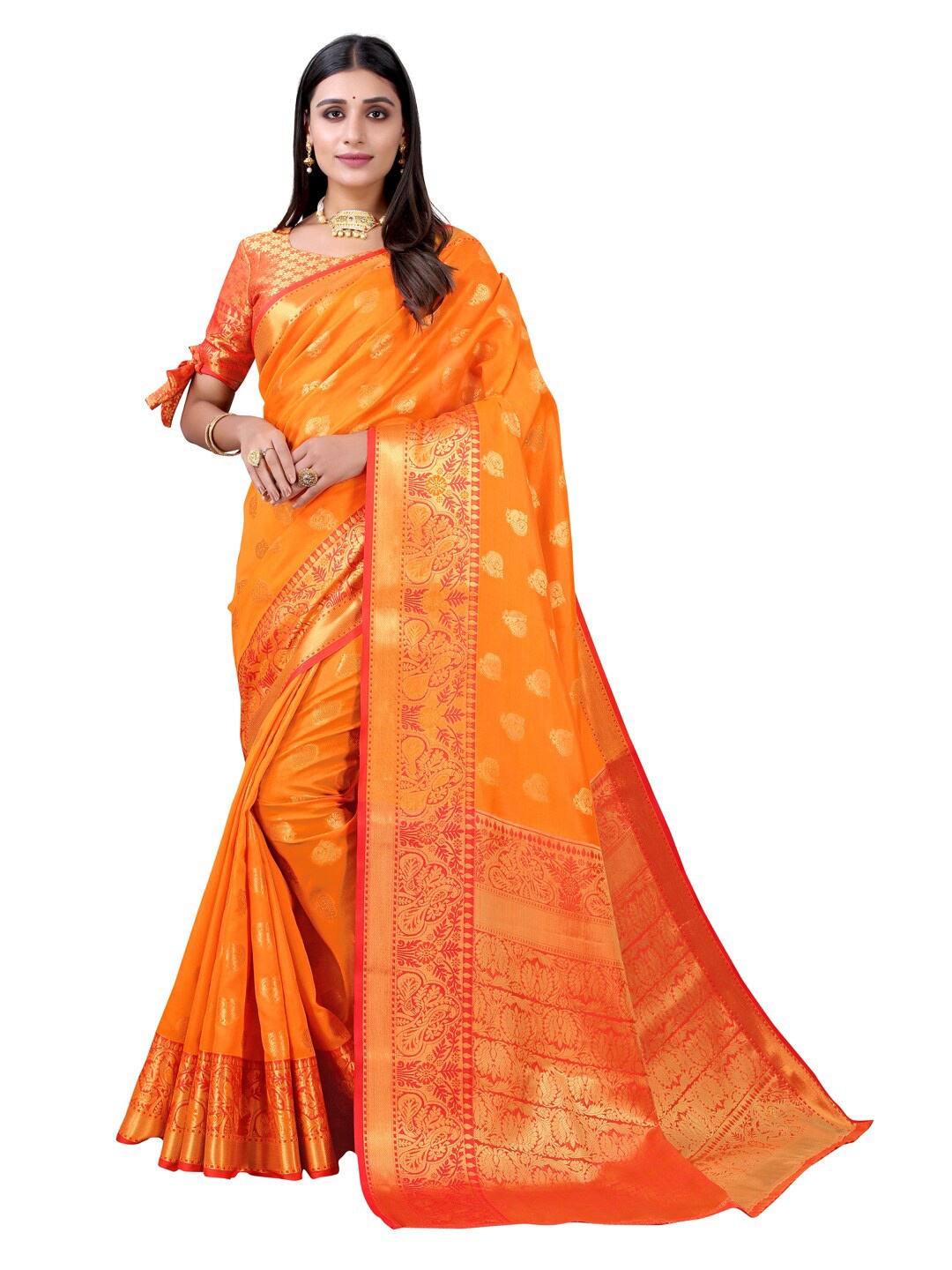 

Satrani Orange & Gold-Toned Woven Design Zari Banarasi Saree