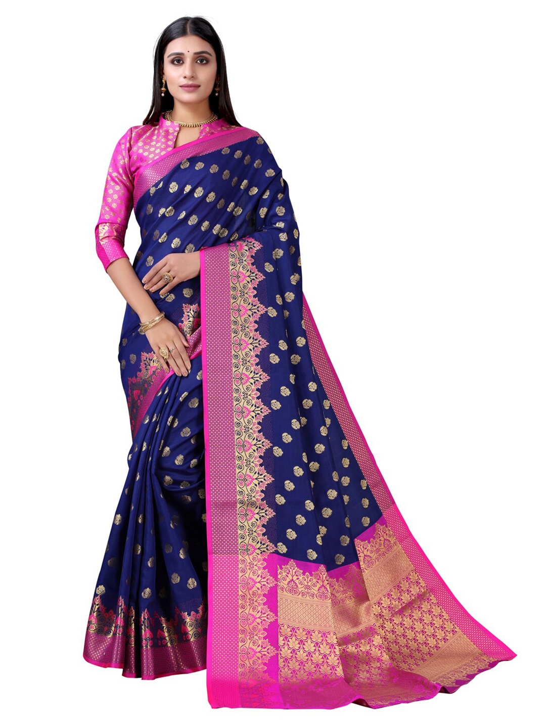 

Satrani Navy Blue & Pink Woven Design Zari Silk Saree