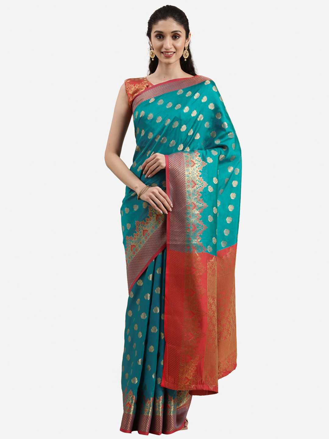 

Satrani Blue & Red Floral Zari Saree