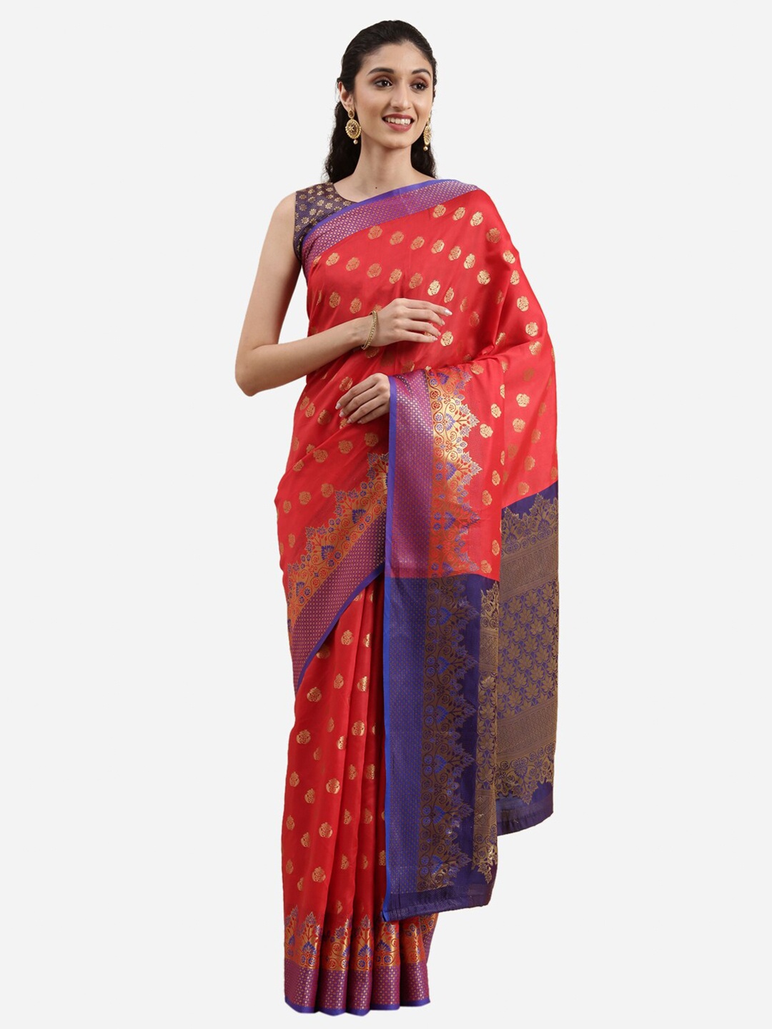 

Satrani Red & Gold-Toned Woven Design Zari Saree
